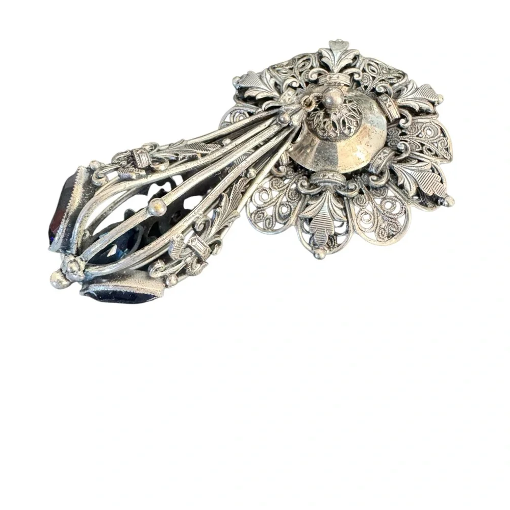 Joseff Hollywood Ornate Silver Metal Brooch with Blue Glass  Accents